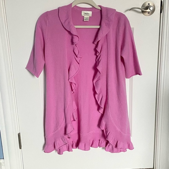 Neiman Marcus Cashmere Purple Pink Ruffled Cardigan Sweater 35056 - Picture 2 of 13